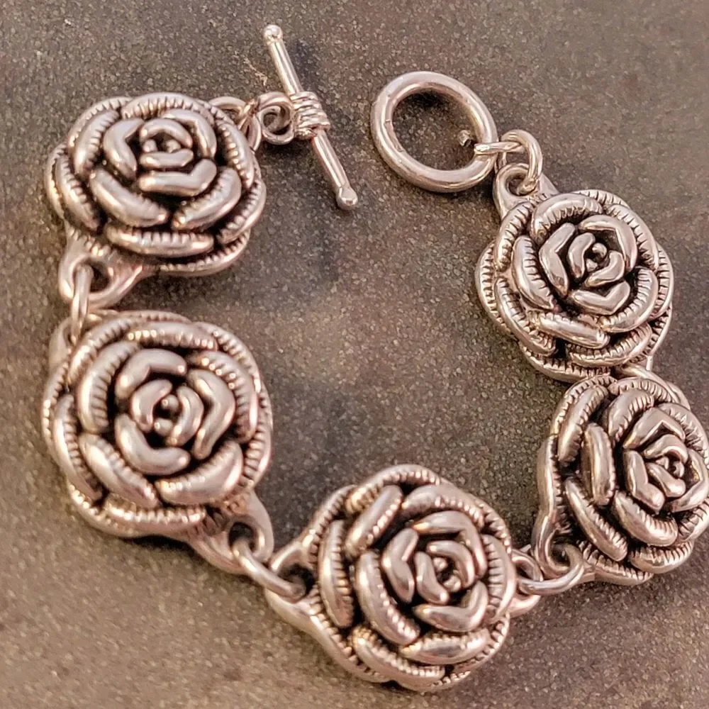 Vintage Sterling 3D Rose Flower Design Link Bracelet